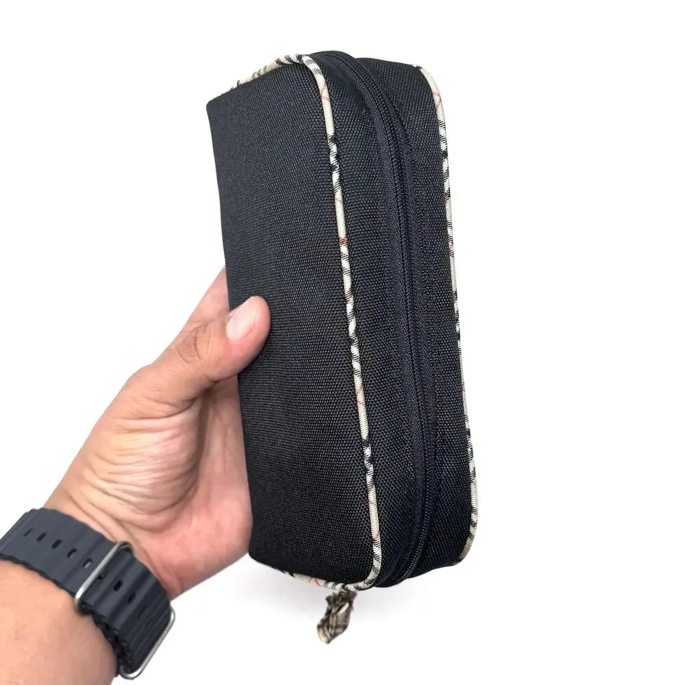 Burberry Black Canvas Zip Cosmetic Pouch with Check Trim